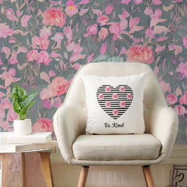 Coussin Coeur avec Roses romantiques noirs rayés sur blanc