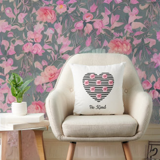Coussin Coeur avec Roses romantiques noirs rayés sur blanc