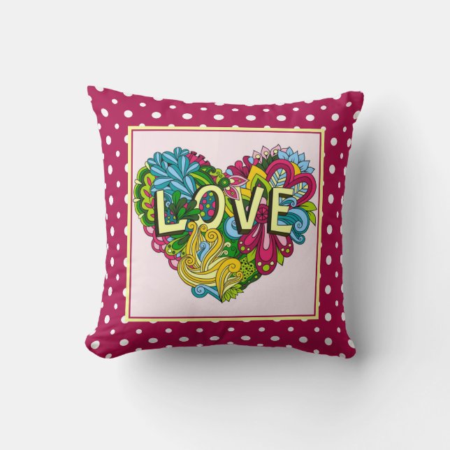 Coussin Coeur d'AMOUR floral mignon, sur pois rose et blan (Recto)