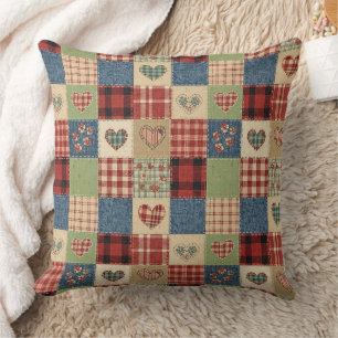 Coussin Cœur de courtepoint de campagne Patchwork Rouge Bl