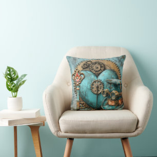Coussin Cœur de Teal Vintage avec engrenages Art Steampunk