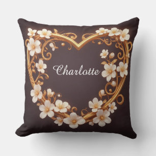 Coussin 🌸 Cœur Doré Floral Élégant Mariage Romantique 