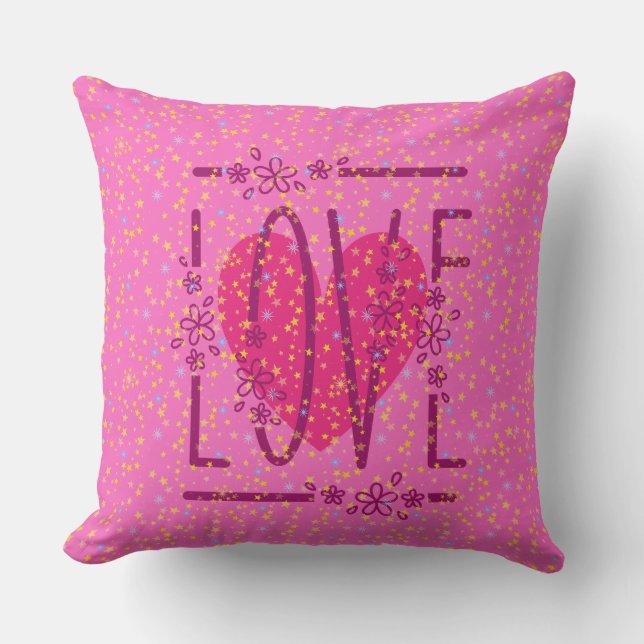 Coussin Cœur & Étoiles Floral Amour Texte Rose & Féminin M (Recto)