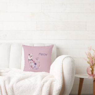 Coussin Cœur Floral Fête Chat Blanc Rose Violet