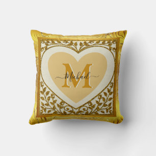 Coussin Cœur initial et nom pailleté or élégant