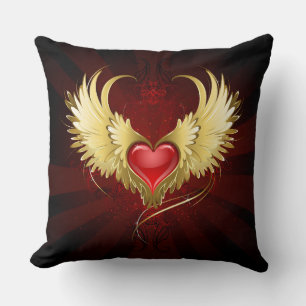 Coussin Coeur rouge avec ailes d'or