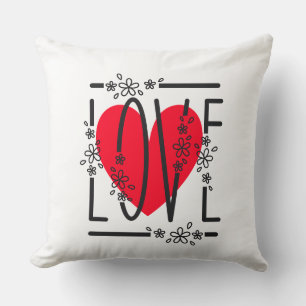 Coussin Cœur rouge et fleurs Texte Graphique Moderne et Él