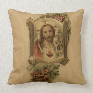 Coussin Coeur sacré de cru de Jésus avec l'agneau, fleur