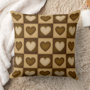 Coussin Cœurs à carreaux dans le caramel brun