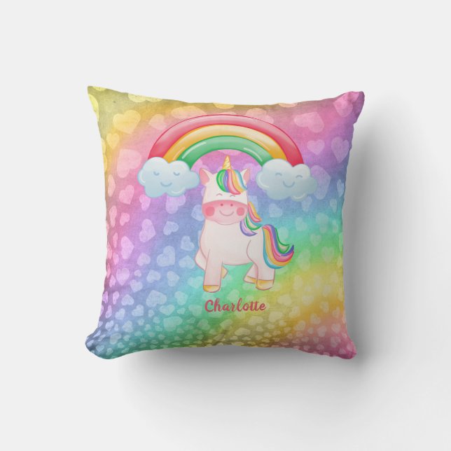 Coussin Coeurs arc-en-ciel Unicorne personnalisés (Recto)