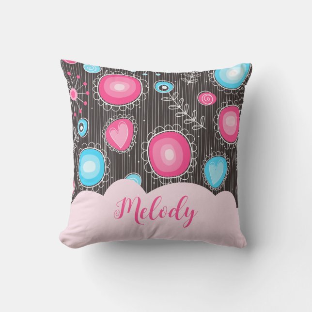 Coussin Coeurs bleu rose blanc et nom floral des fleurs (Recto)