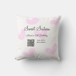 Coussin Coeurs d'aquarelle rose QR Sweet sixteen anniversa