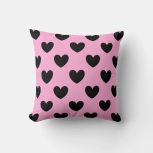 Coussin Coeurs de polka noir sur coton bonbon rose