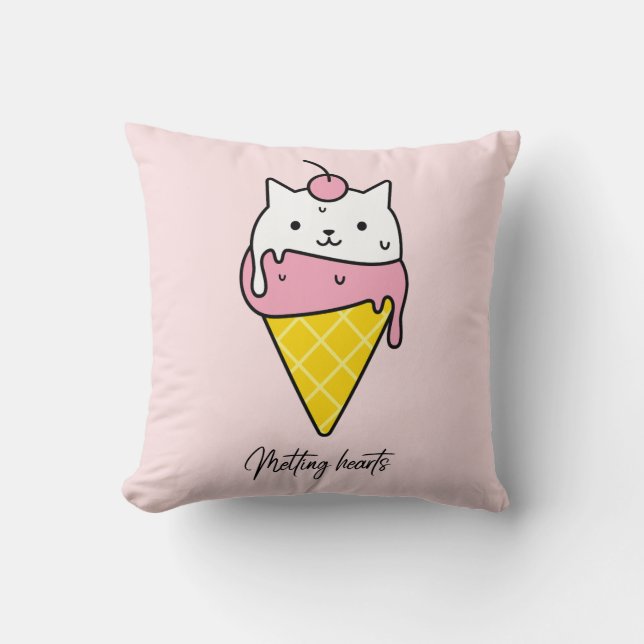 Coussin Coeurs fondus - Chat à la crème glacée d'été (Recto)