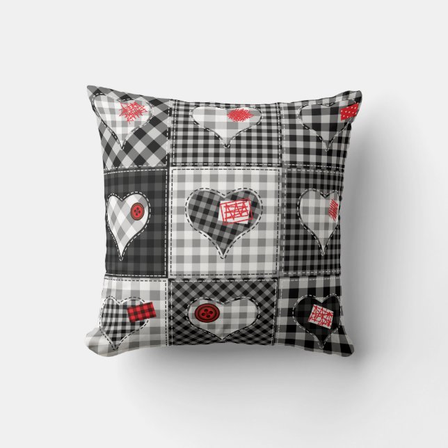 Coussin Coeurs Noir Blanc Patchwork Sans Couleur. (Recto)