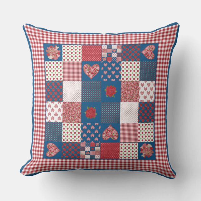Coussin Coeurs, Rose rouge, blanc, bleu Faux-Patchwork (Recto)