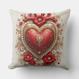 Coussin Cœurs rouges élégants avec détails floraux dorés