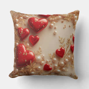 Coussin Cœurs rouges élégants avec détails floraux dorés