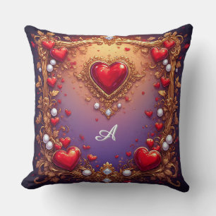 Coussin Cœurs rouges ornés d'or et de perles