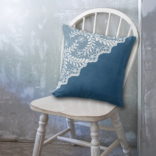 Coussin Coin dentelle Eyelet Faux blanc sur bleu