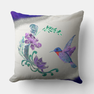 Coussin Colibri aux fleurs avec arrière - plan de géode