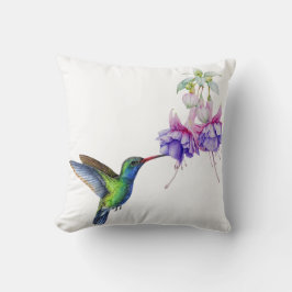 Coussin Colibri bleu vert avec fleurs violettes