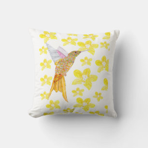 Coussin Colibri coloré aux orchidées jaunes