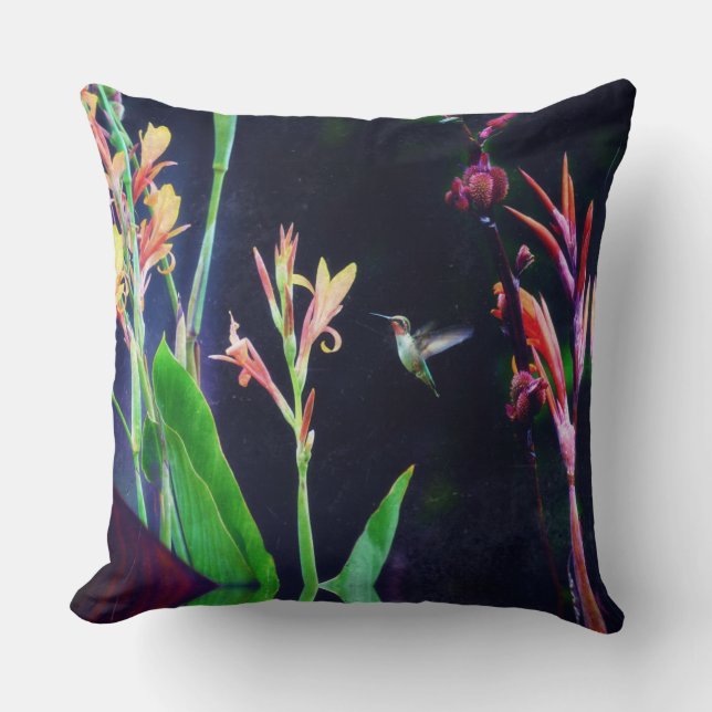 Coussin Colibri et fleurs exotiques Couleurs sombres (Recto)