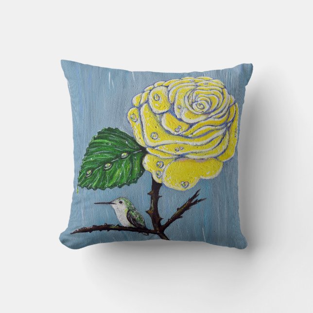 Coussin Colibri et Rose dans la peinture de pluie (Recto)