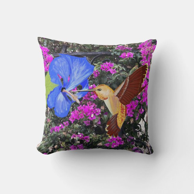 Coussin Colibri, Hibiscus Bleu & Bougainvilliers (Recto)