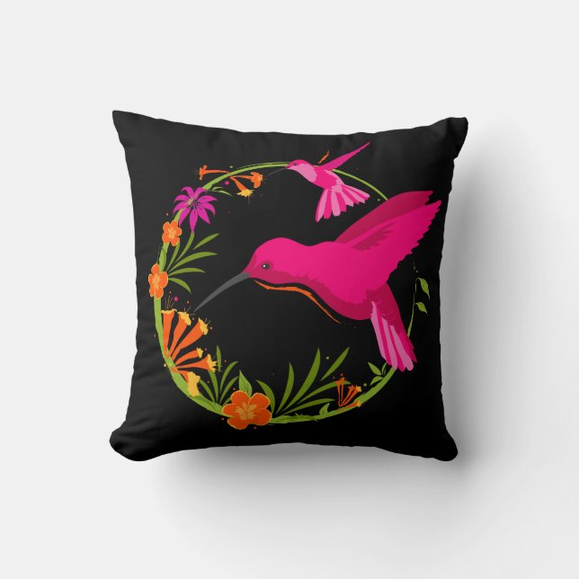 Coussin Colibri rose sur Black Tropical (Recto)