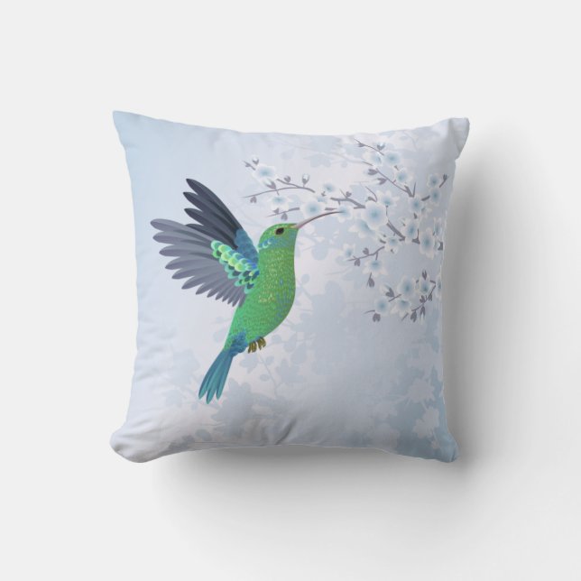 Coussin Colibri Vert Avec Fleur De Cerisier Bleue (Recto)