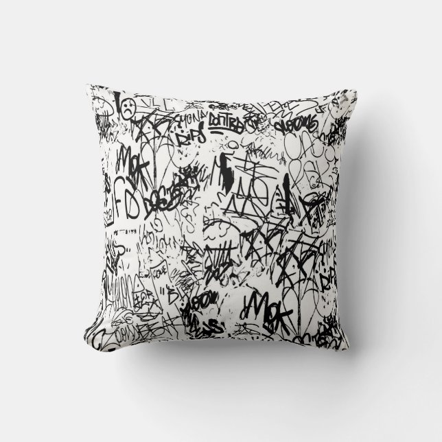 Coussin Collage Abstrait de graffiti noir et blanc (Recto)