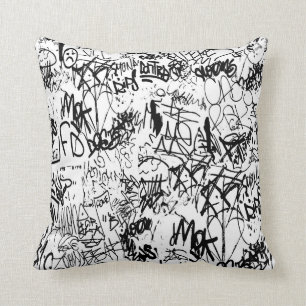 Coussin Collage Abstrait de graffiti noir et blanc