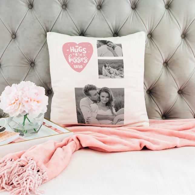 Coussin Collage Couple Photo & Hugs And Kisses PInk Heart (Créateur téléchargé)
