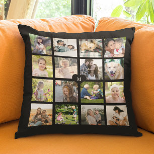 Coussin Collage de 16 photos personnalisé monogramme noir