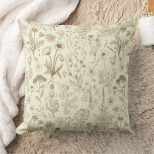 Coussin Collage de fleurs sauvages / beige et sépia