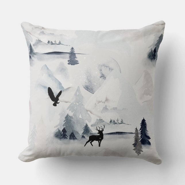 Coussin Collage de la nature sauvage en hiver Hibou Cerf F (Recto)
