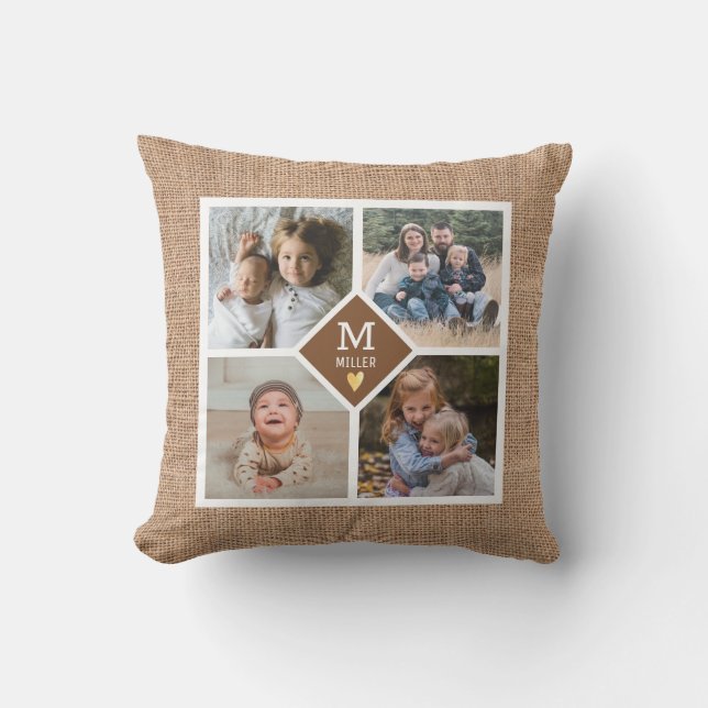 Coussin Collage de photos sur mesure 4 Famille Monogramme  (Recto)
