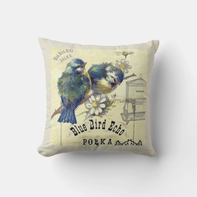 Coussin Collage d'oiseaux bleu vintage (Recto)