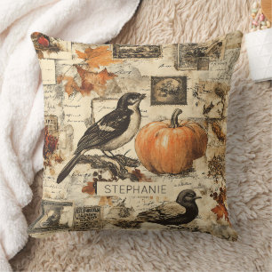 Coussin Collage Ephémère d'automne vintage   Oiseaux rusti