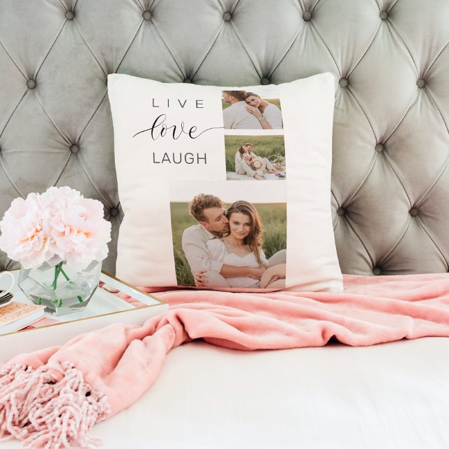 Coussin Collage moderne Couple Photo & Live Love Laugh Cad (Créateur téléchargé)