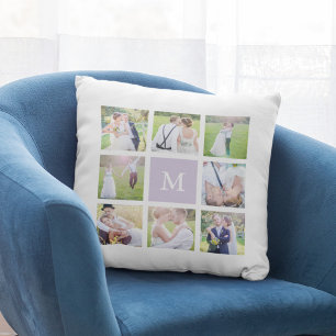 Coussin Collage photo carré blanc simple avec monogramme p