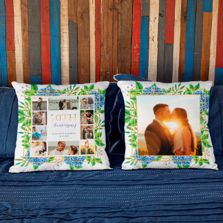 Coussin Collage photo d'anniversaire 70 ans Blue Hydrangea