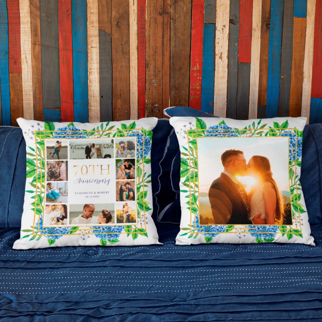 Coussin Collage photo d'anniversaire 70 ans Blue Hydrangea (Créateur téléchargé)