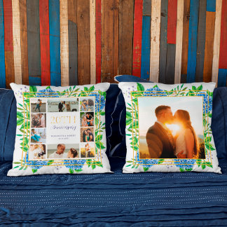 Coussin Collage photo d'anniversaire de 20 ans Blue Hydran