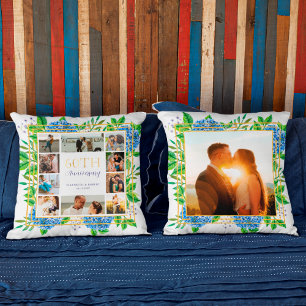 Coussin Collage photo d'anniversaire de 60 ans Blue Hydran