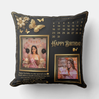 Coussin Collage photo d'anniversaire élégant noir et or