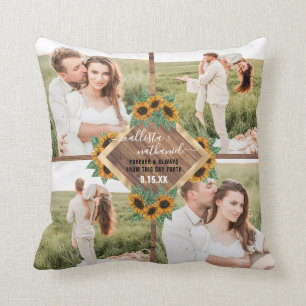 Coussin Collage photo de couple blanc or soleil romantique