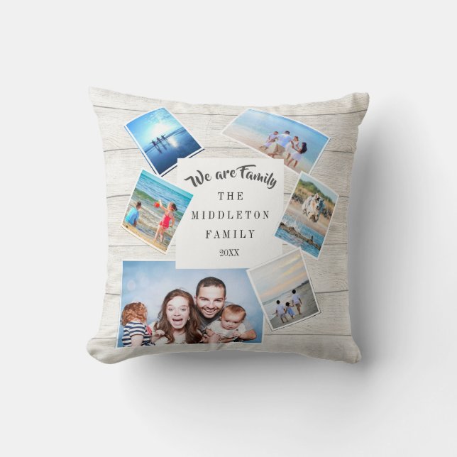 Coussin Collage photo de famille Bois rustique éparpillé (Recto)